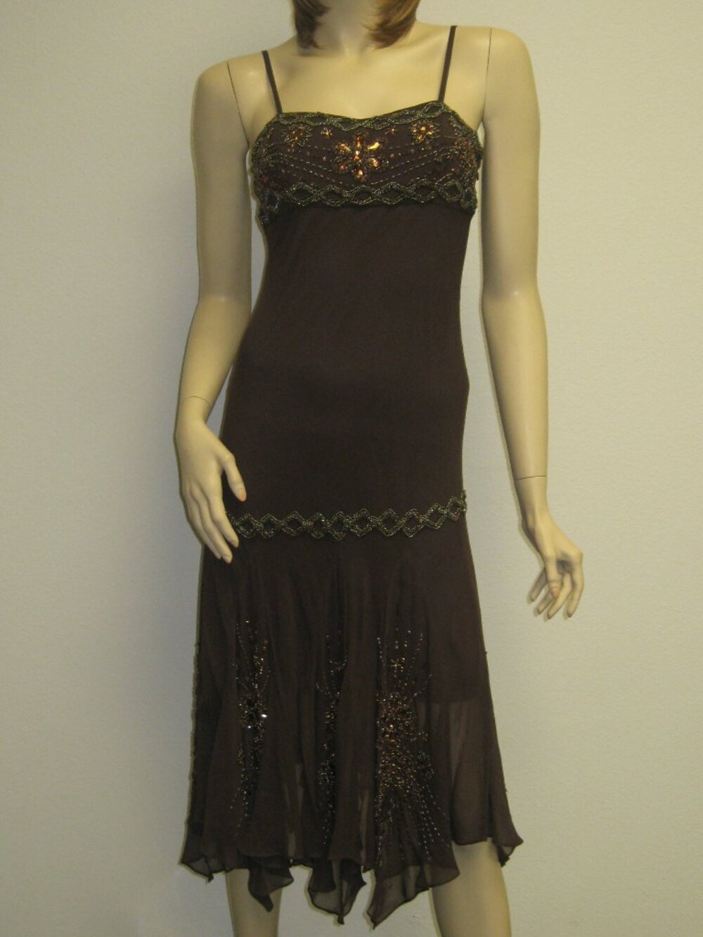 Sue Wong Dress Y2K Sexy Beaded 45 Flapper Coffee Brown Chocolate Midi SILK New - Picture 1 of 16